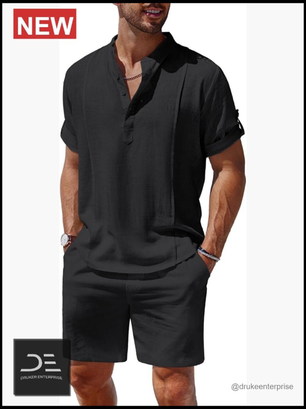 Men's 2 Piece Linen Set Henley Shirt & Shorts Summer Beach Yoga Matching Outfit